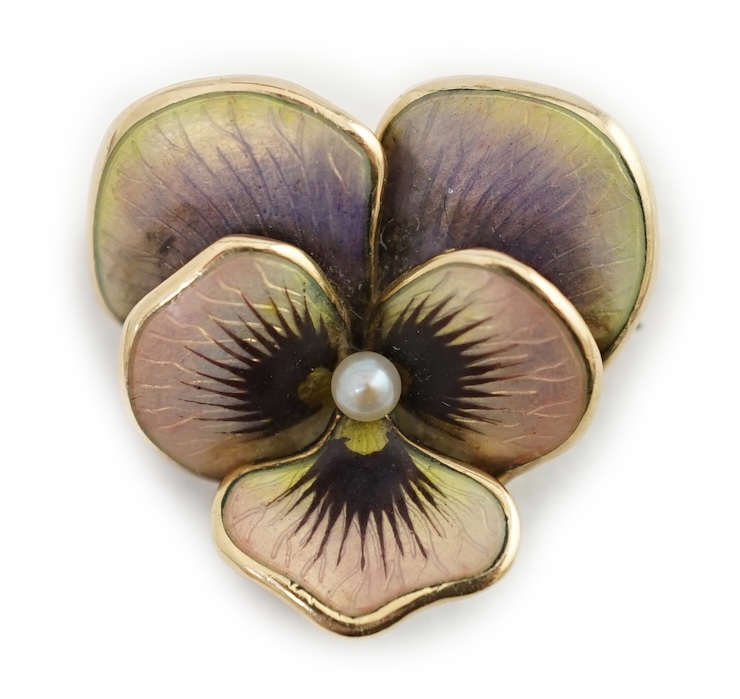 An early 20th century American 14k, enamel and seed pearl set pansy brooch, by Crane & Theurer